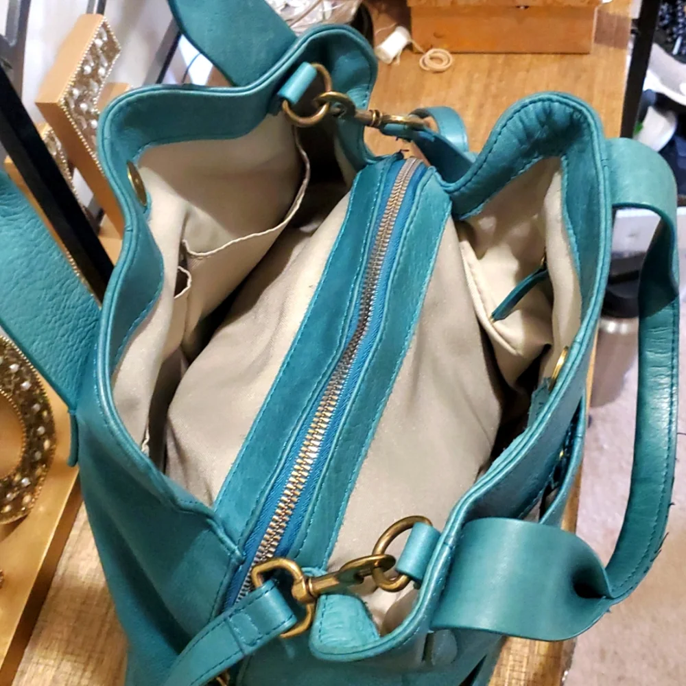 American Leather Co. Ada Triple Entry Leather Crossboy Satchel Deep Lake, Teal - Picture 8 of 12